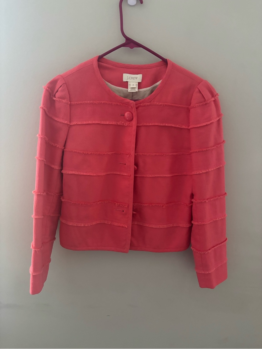 J. Crew Women Coral Pink Frayed-Trim Cropped Blazer Size 2